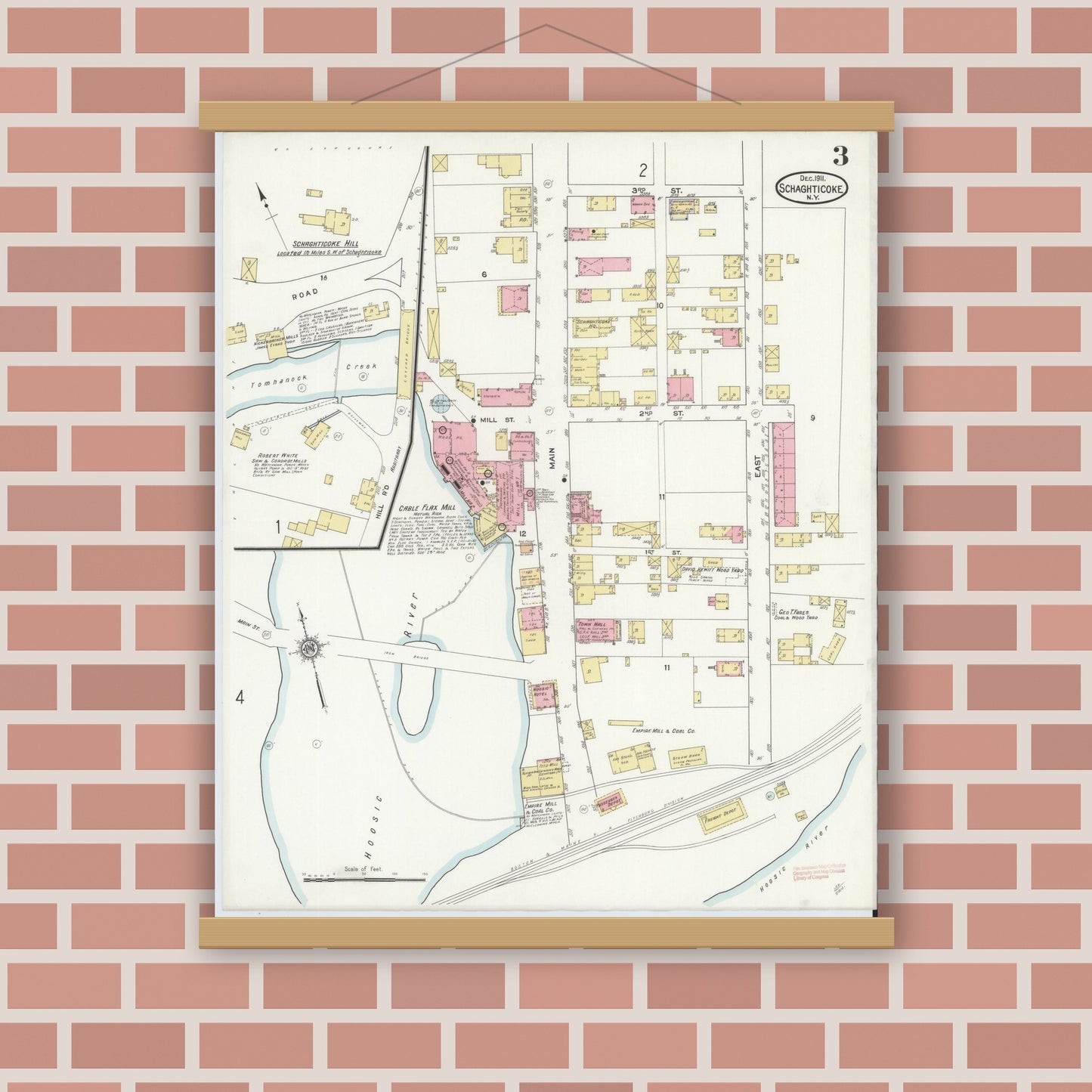 Old map wall art mockup — magnetic wood frame on brick wall — Sanborn Fire Insurance Map from Schaghticoke, Rensselaer County, New York (1911), Sheet #0003