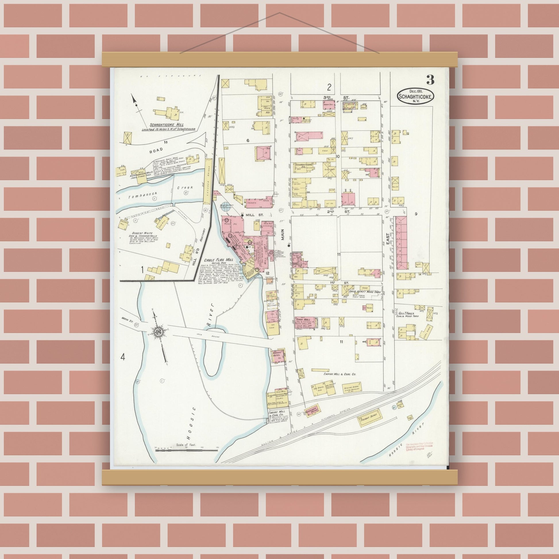Old map wall art mockup — magnetic wood frame on brick wall — Sanborn Fire Insurance Map from Schaghticoke, Rensselaer County, New York (1911), Sheet #0003