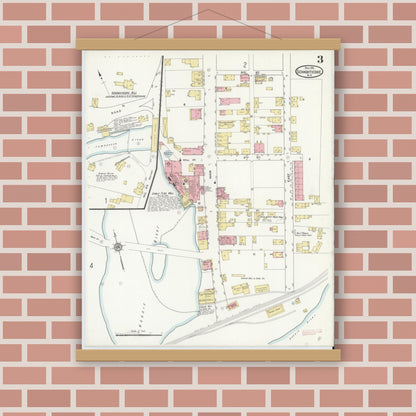 Old map wall art mockup — magnetic wood frame on brick wall — Sanborn Fire Insurance Map from Schaghticoke, Rensselaer County, New York (1911), Sheet #0003