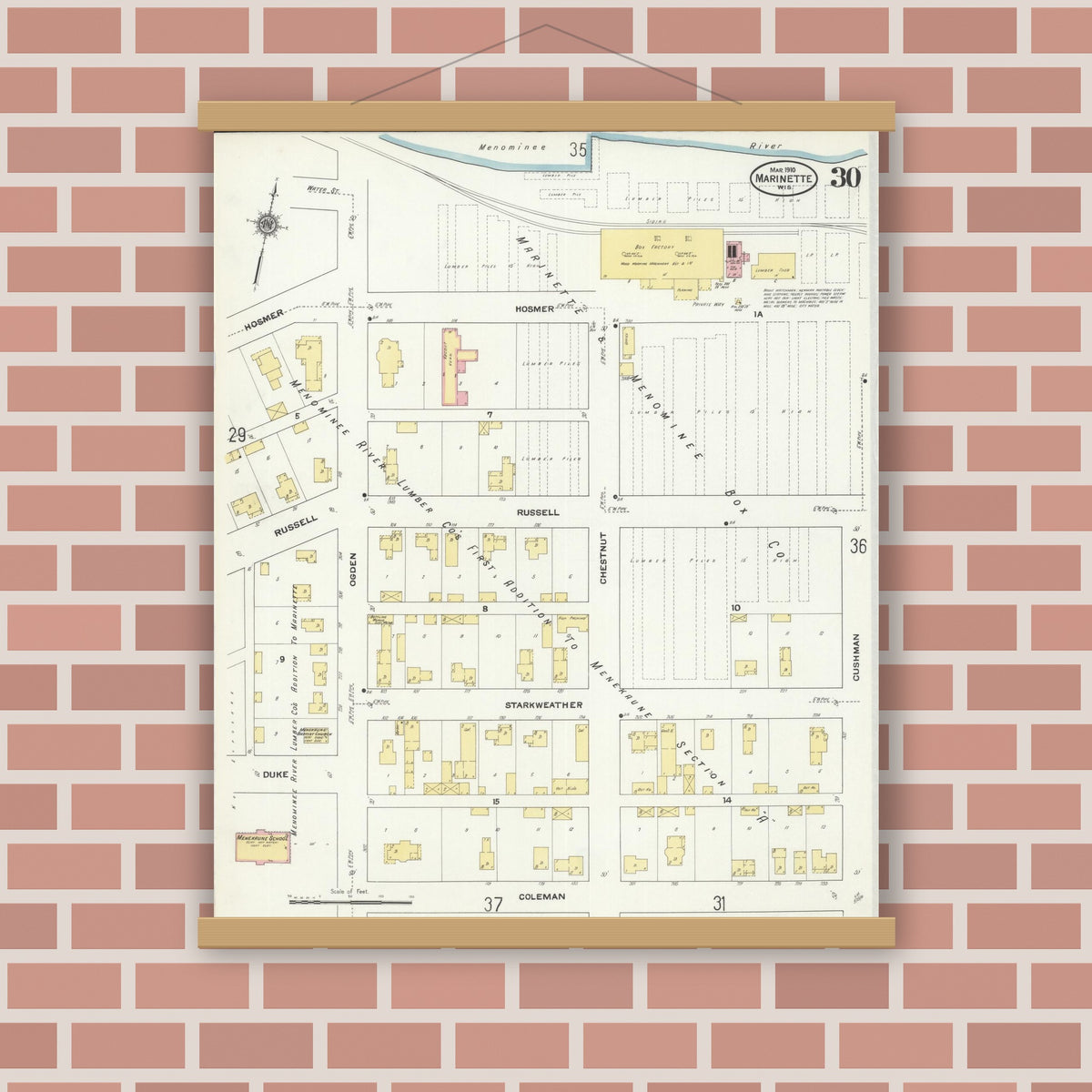 Old map wall art mockup — magnetic wood frame on brick wall — Sanborn Fire Insurance Map from Marinette, Marinette County, Wisconsin (1910), Sheet #0030