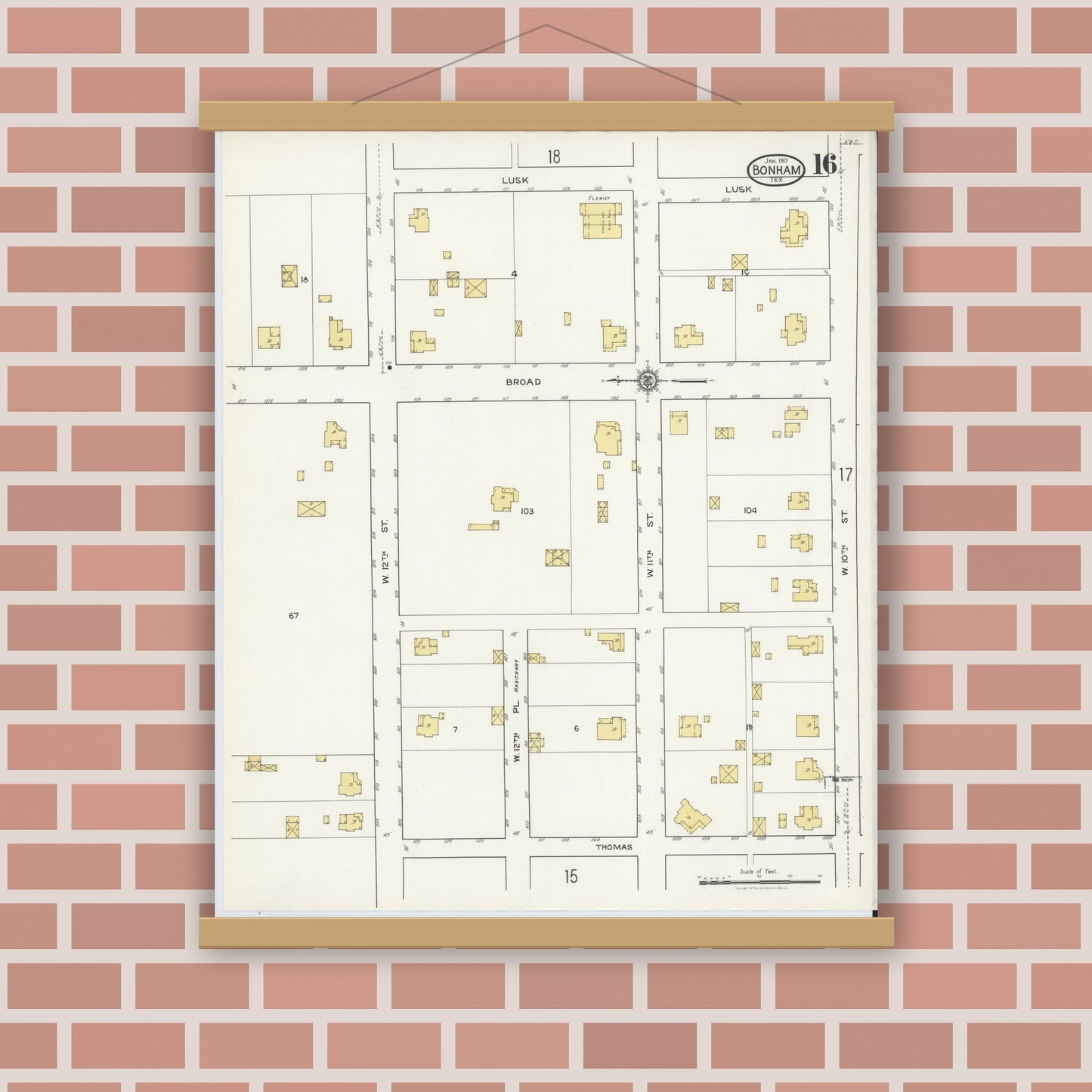 Old map wall art mockup — magnetic wood frame on brick wall — Sanborn Fire Insurance Map from Bonham, Fannin County, Texas (1917), Sheet #0016