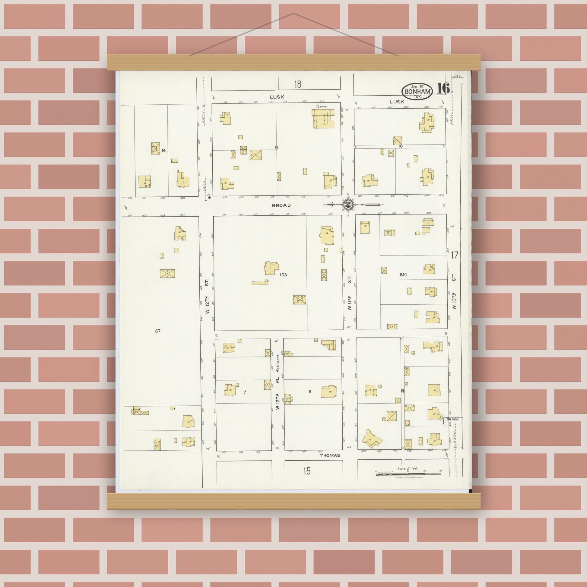 Old map wall art mockup — magnetic wood frame on brick wall — Sanborn Fire Insurance Map from Bonham, Fannin County, Texas (1917), Sheet #0016