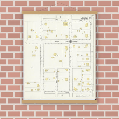 Old map wall art mockup — magnetic wood frame on brick wall — Sanborn Fire Insurance Map from Bonham, Fannin County, Texas (1917), Sheet #0016