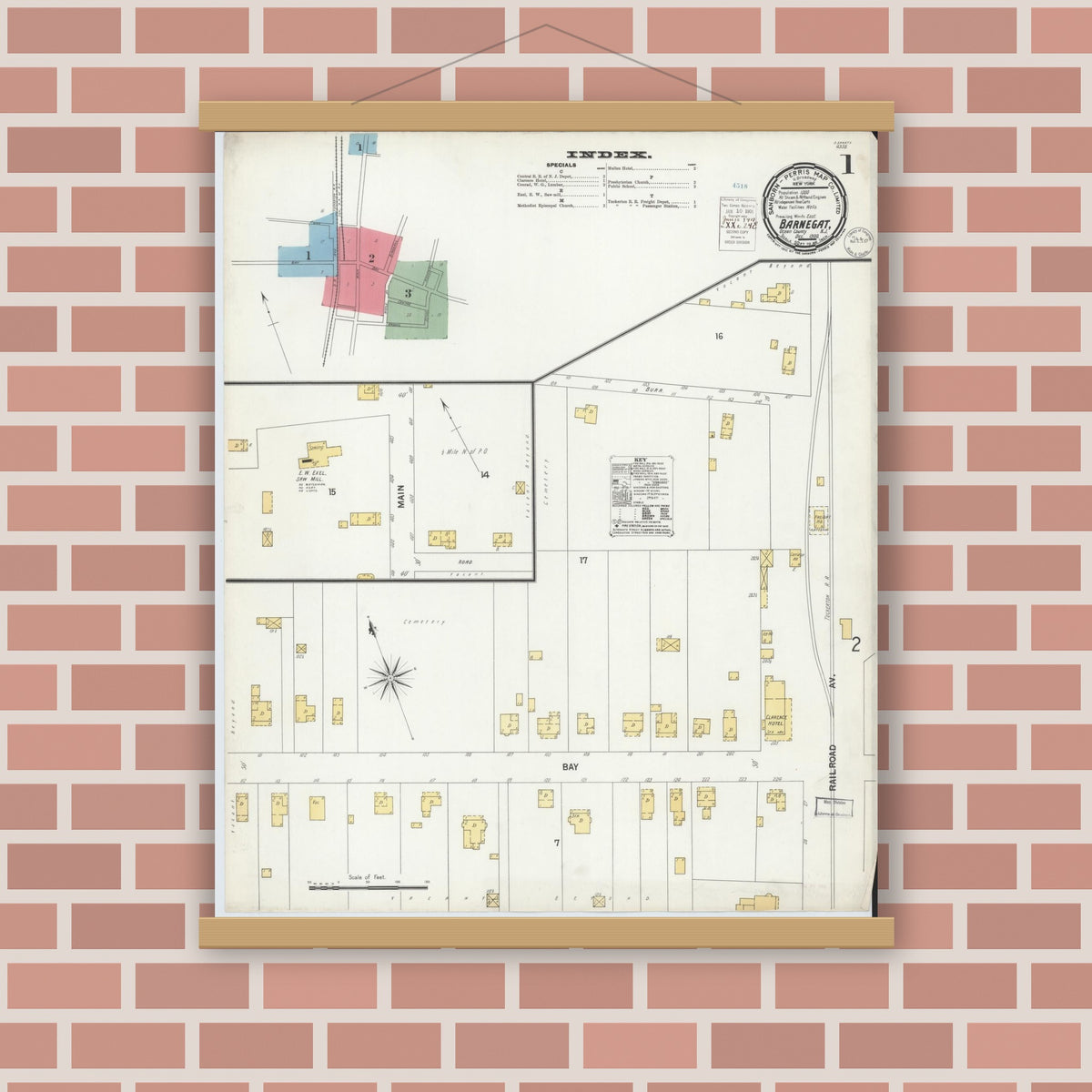 Old map wall art mockup — magnetic wood frame on brick wall — Sanborn Fire Insurance Map from Barnegat, Ocean County, New Jersey (1900) - Complete Map Set