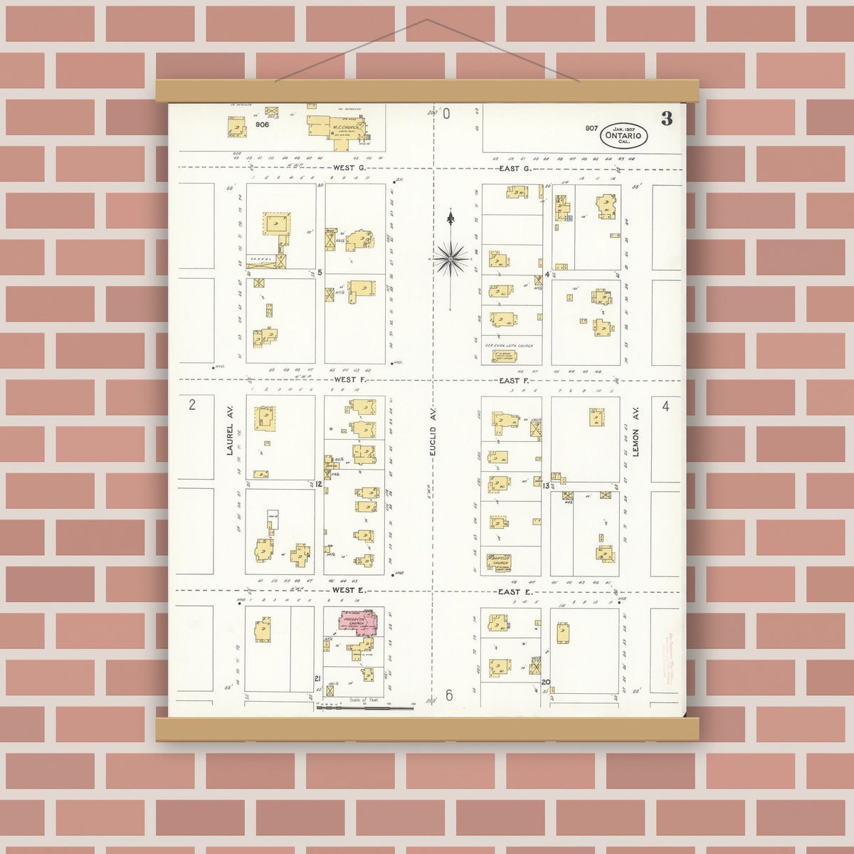 Old map wall art mockup — magnetic wood frame on brick wall — Sanborn Fire Insurance Map from Ontario, San Bernardino County, California (1907), Sheet #0003