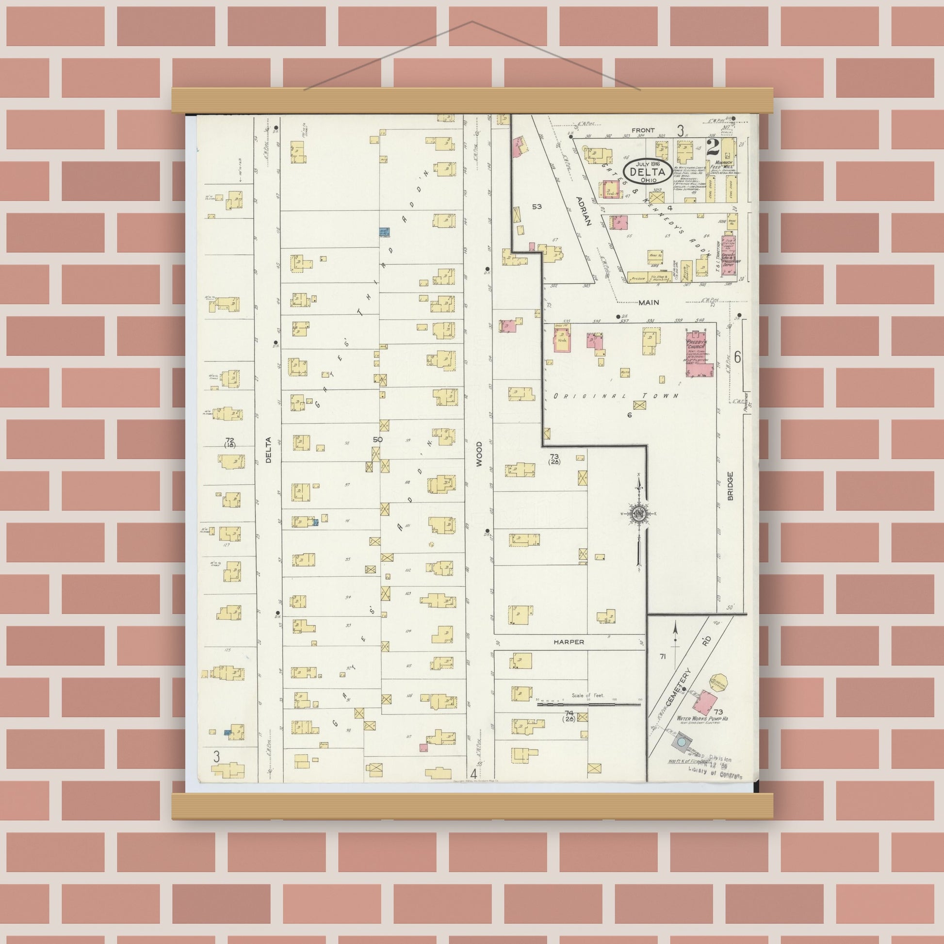 Old map wall art mockup — magnetic wood frame on brick wall — Sanborn Fire Insurance Map from Delta, Fulton County, Ohio (1916), Sheet #0002