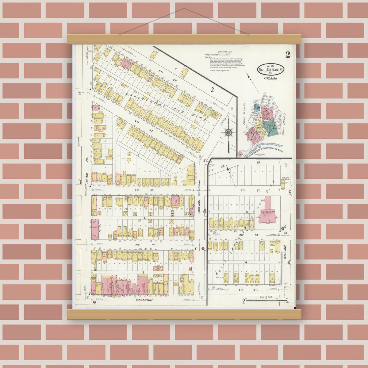 Old map wall art mockup — magnetic wood frame on brick wall — Sanborn Fire Insurance Map from Turtle Creek Valley, Allegheny County, Pennsylvania (1911), Sheet #0002