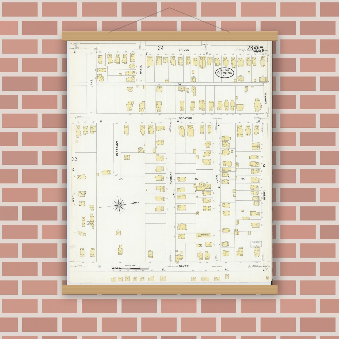 Old map wall art mockup — magnetic wood frame on brick wall — Sanborn Fire Insurance Map from Corning, Steuben County, New York (1908), Sheet #0025