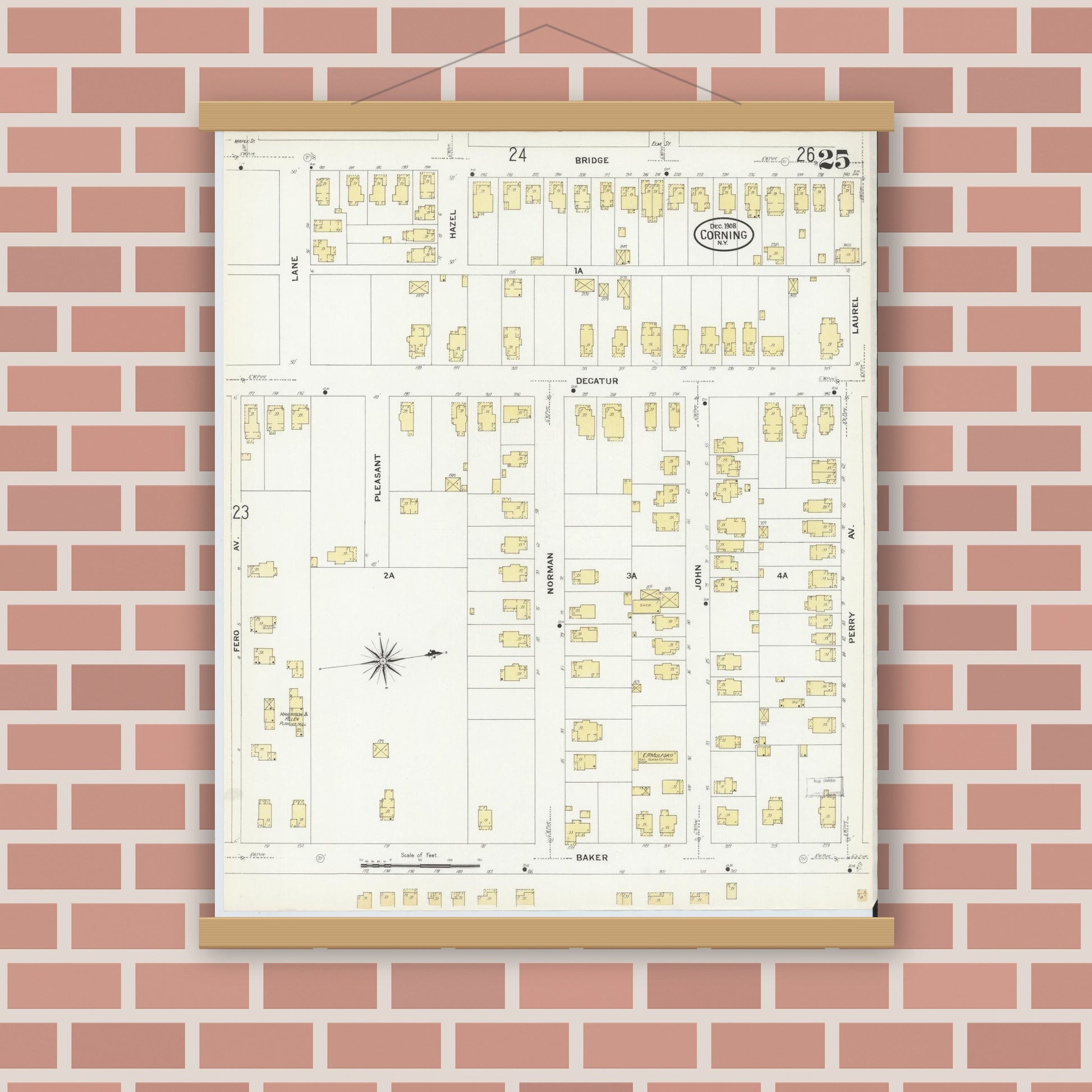 Old map wall art mockup — magnetic wood frame on brick wall — Sanborn Fire Insurance Map from Corning, Steuben County, New York (1908), Sheet #0025