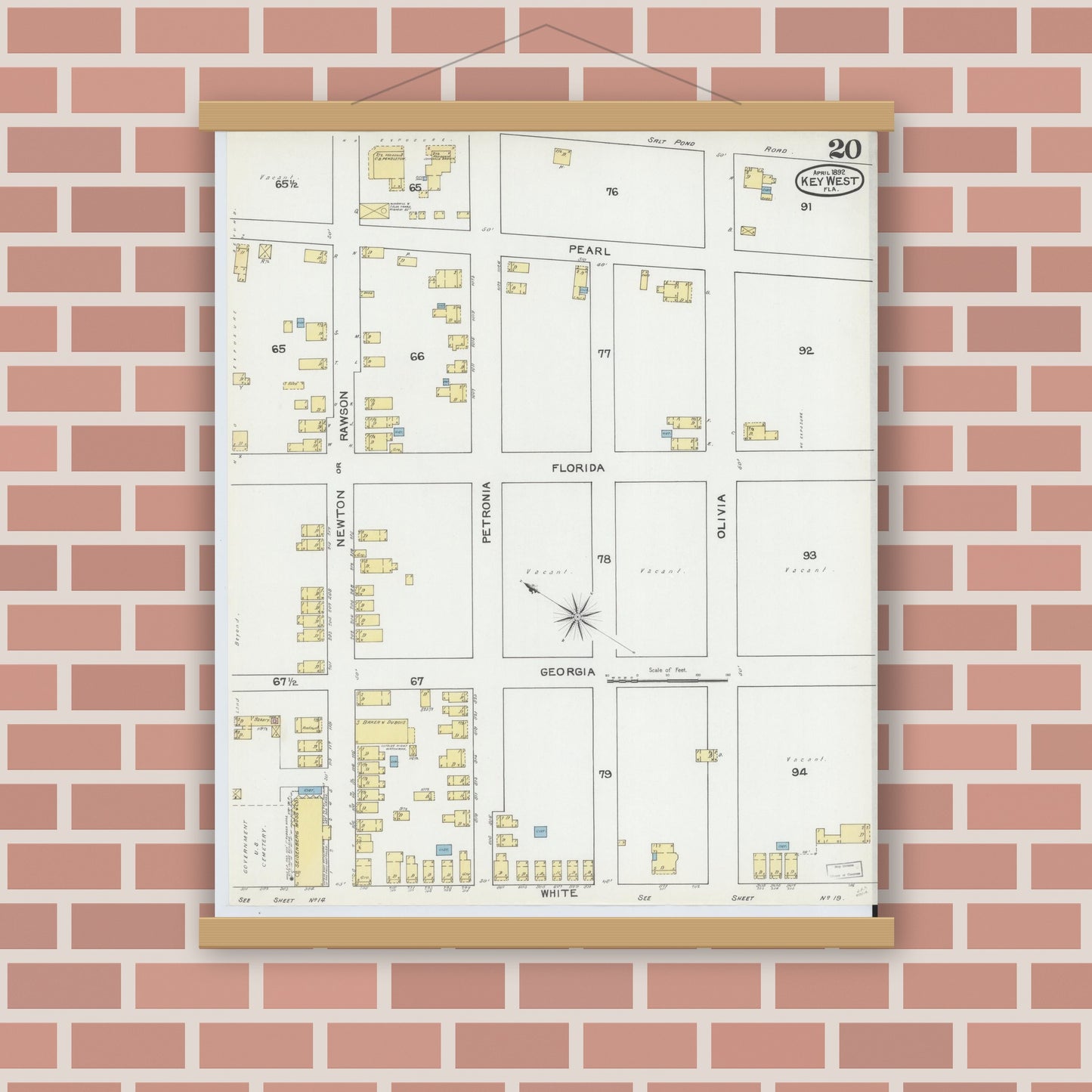 Old map wall art mockup — magnetic wood frame on brick wall — Sanborn Fire Insurance Map from Key West, Monroe County, Florida (1892), Sheet #0020