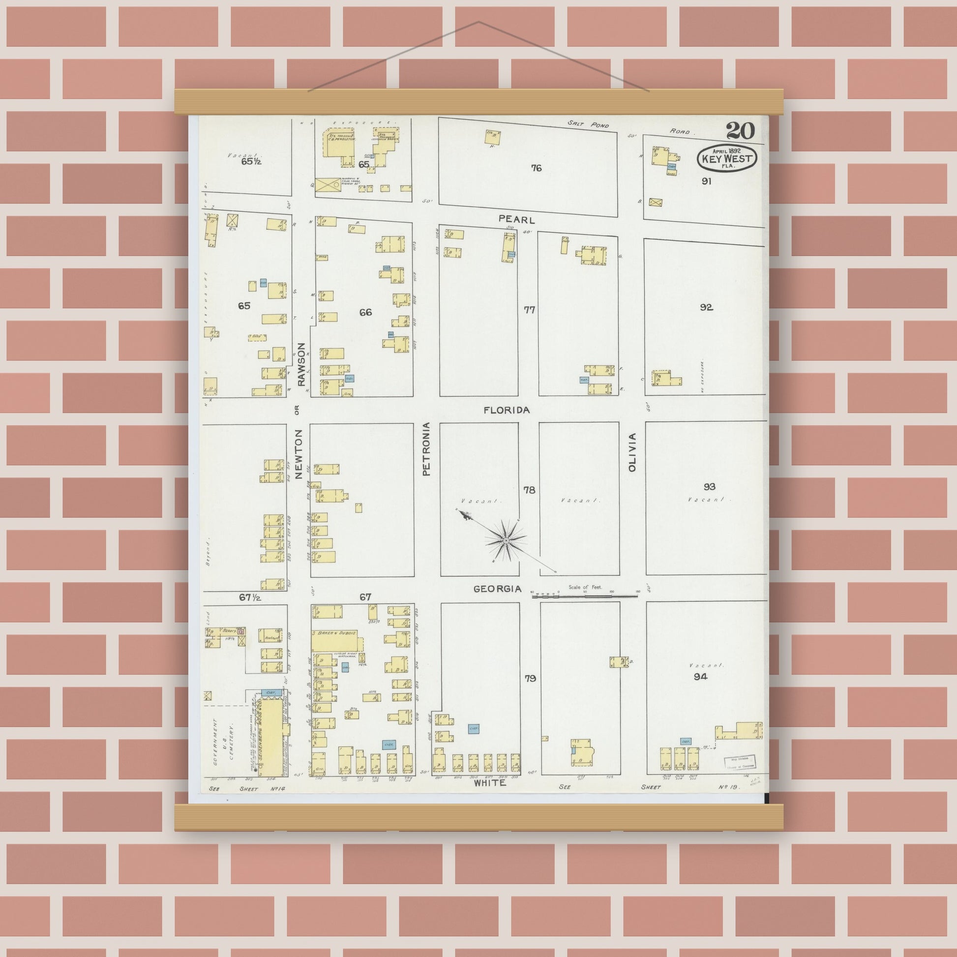 Old map wall art mockup — magnetic wood frame on brick wall — Sanborn Fire Insurance Map from Key West, Monroe County, Florida (1892), Sheet #0020