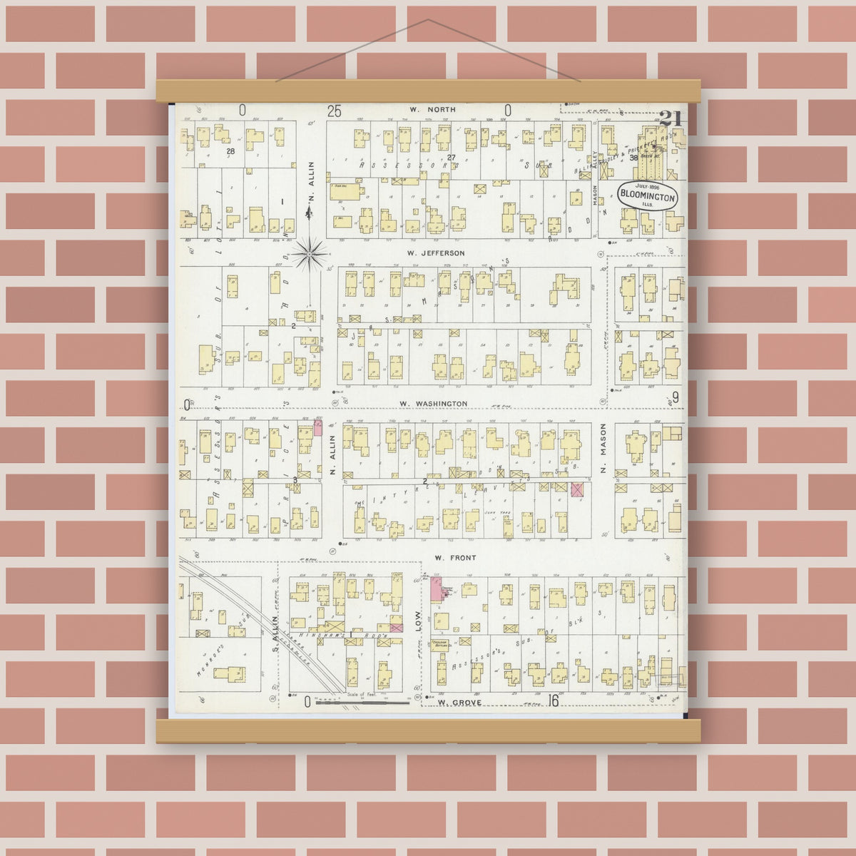 Old map wall art mockup — magnetic wood frame on brick wall — Sanborn Fire Insurance Map from Bloomington, McLean County, Illinois (1896), Sheet #0021