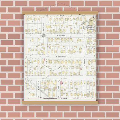 Old map wall art mockup — magnetic wood frame on brick wall — Sanborn Fire Insurance Map from Bloomington, McLean County, Illinois (1896), Sheet #0021