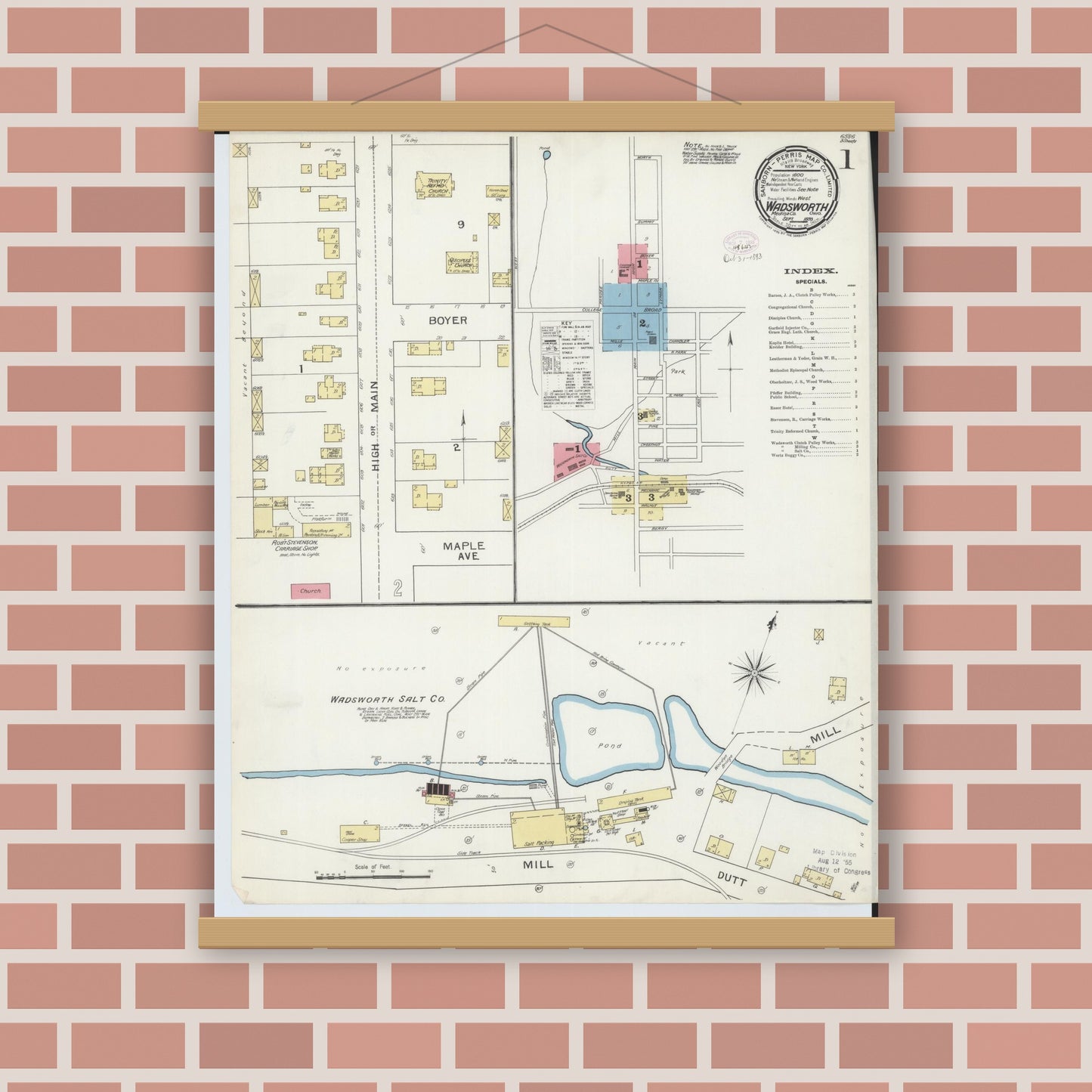 Old map wall art mockup — magnetic wood frame on brick wall — Sanborn Fire Insurance Map from Wadsworth, Medina County, Ohio (1893) - Complete Map Set