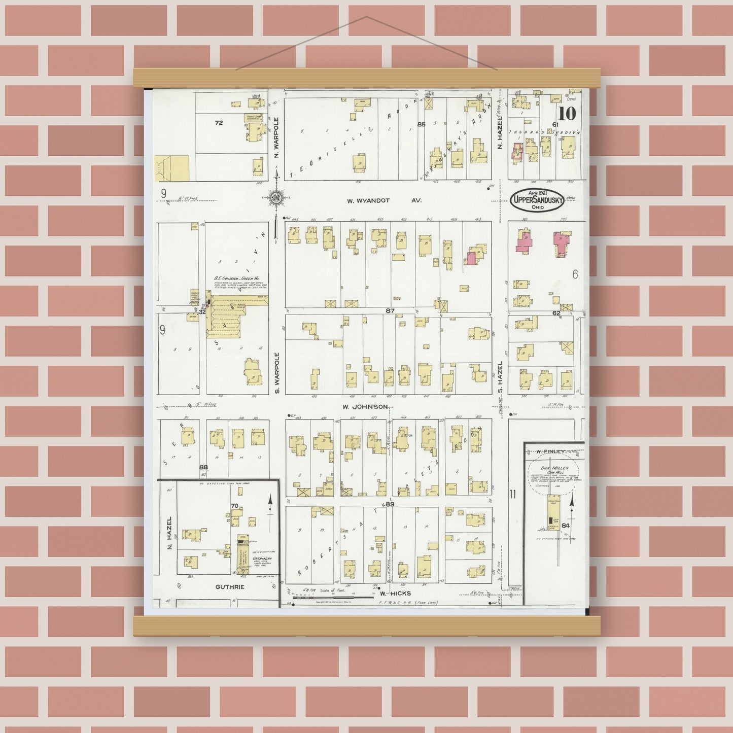 Old map wall art mockup — magnetic wood frame on brick wall — Sanborn Fire Insurance Map from Upper Sandusky, Wyandot County, Ohio (1921), Sheet #0010