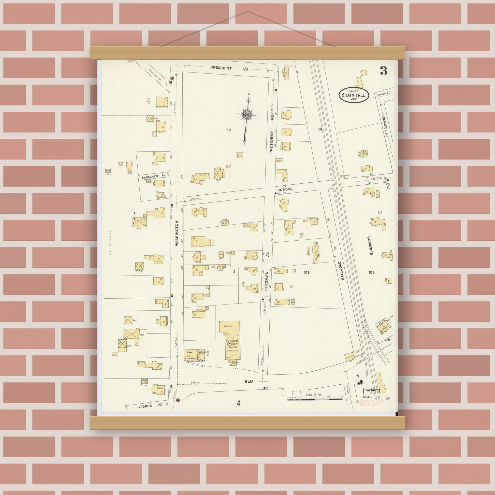 Old map wall art mockup — magnetic wood frame on brick wall — Sanborn Fire Insurance Map from Braintree, Norfolk County, Massachusetts (1911), Sheet #0003