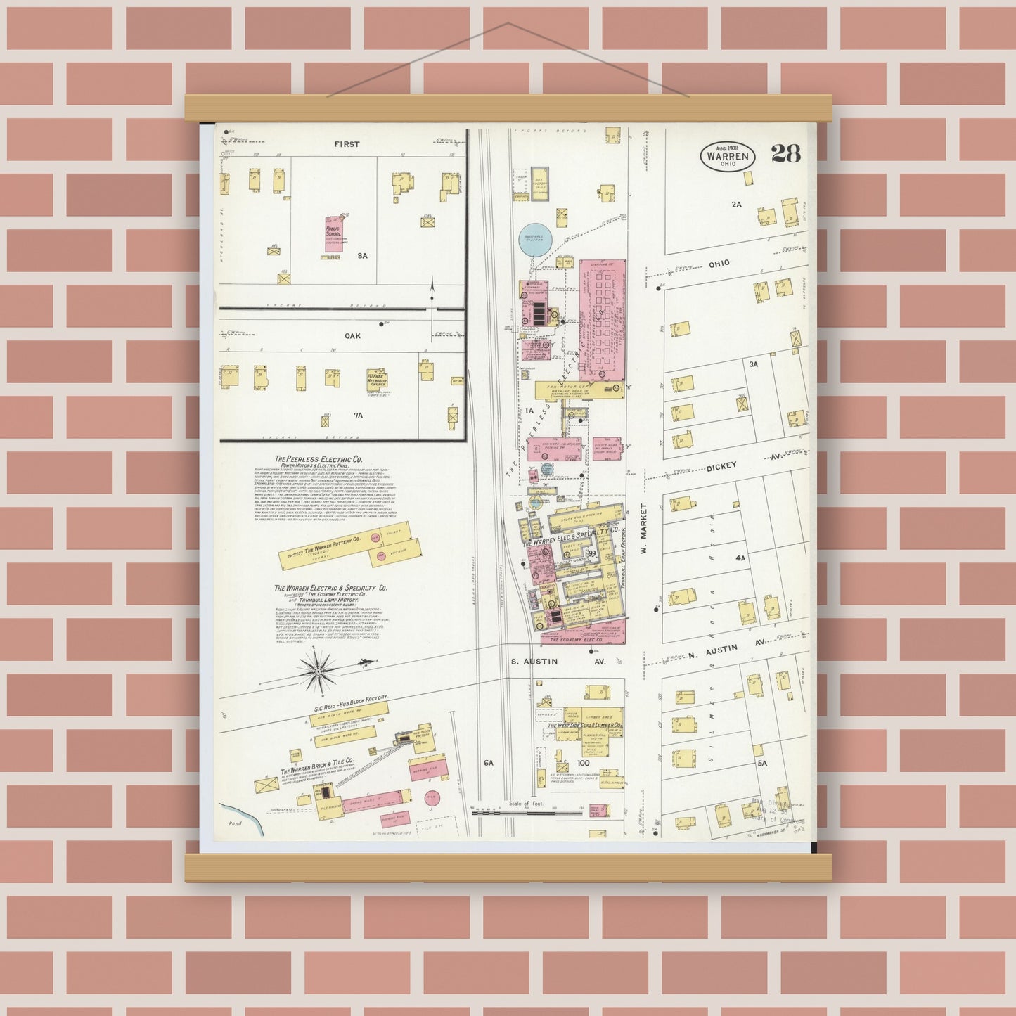 Old map wall art mockup — magnetic wood frame on brick wall — Sanborn Fire Insurance Map from Warren, Trumbull County, Ohio (1908), Sheet #0028