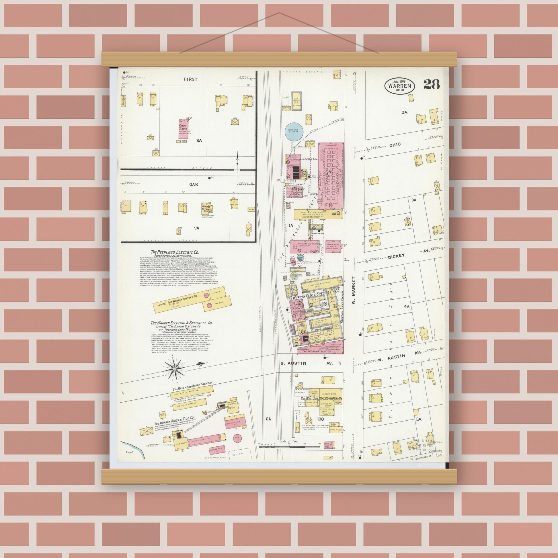 Old map wall art mockup — magnetic wood frame on brick wall — Sanborn Fire Insurance Map from Warren, Trumbull County, Ohio (1908), Sheet #0028