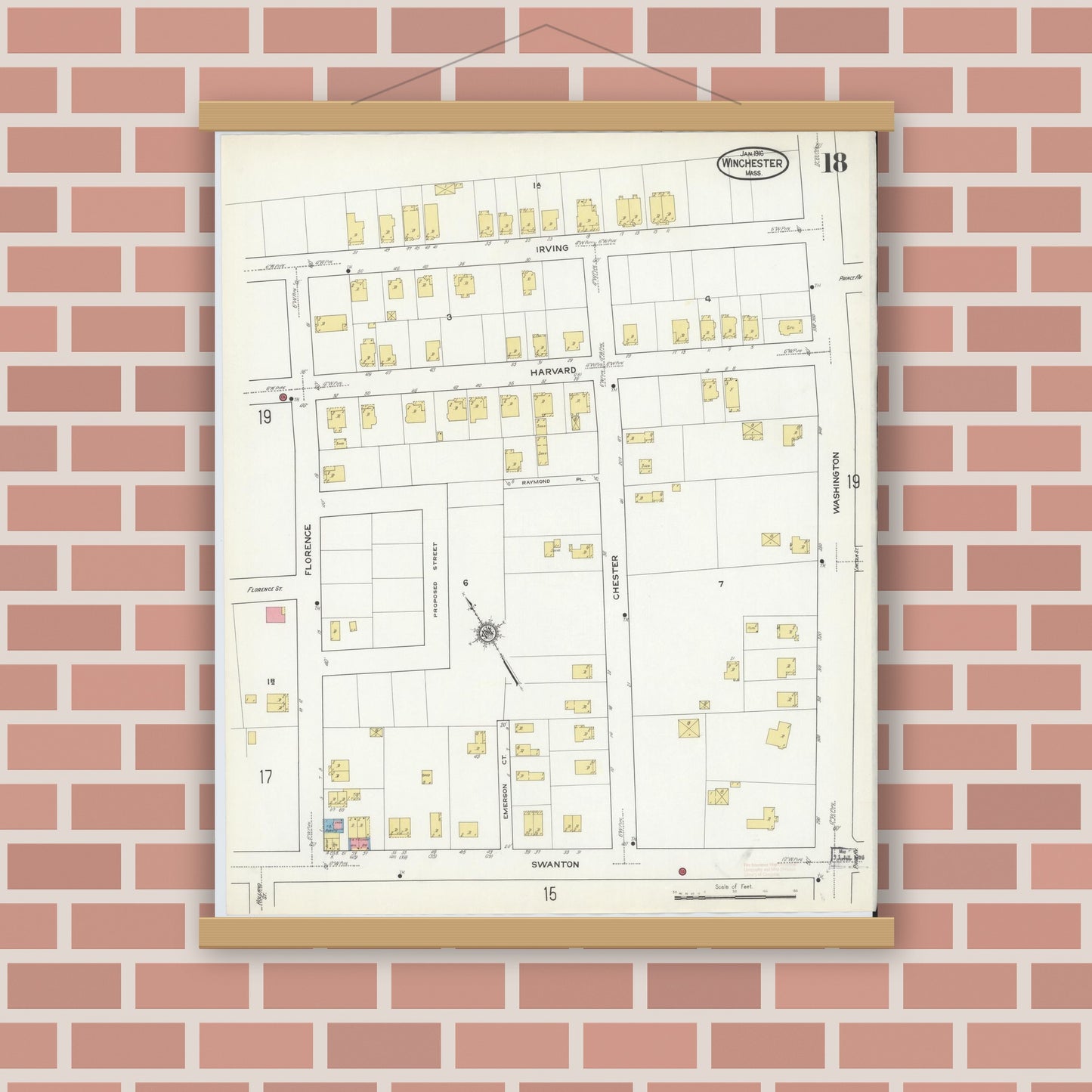 Old map wall art mockup — magnetic wood frame on brick wall — Sanborn Fire Insurance Map from Winchester, Middlesex County, Massachusetts (1916), Sheet #0018