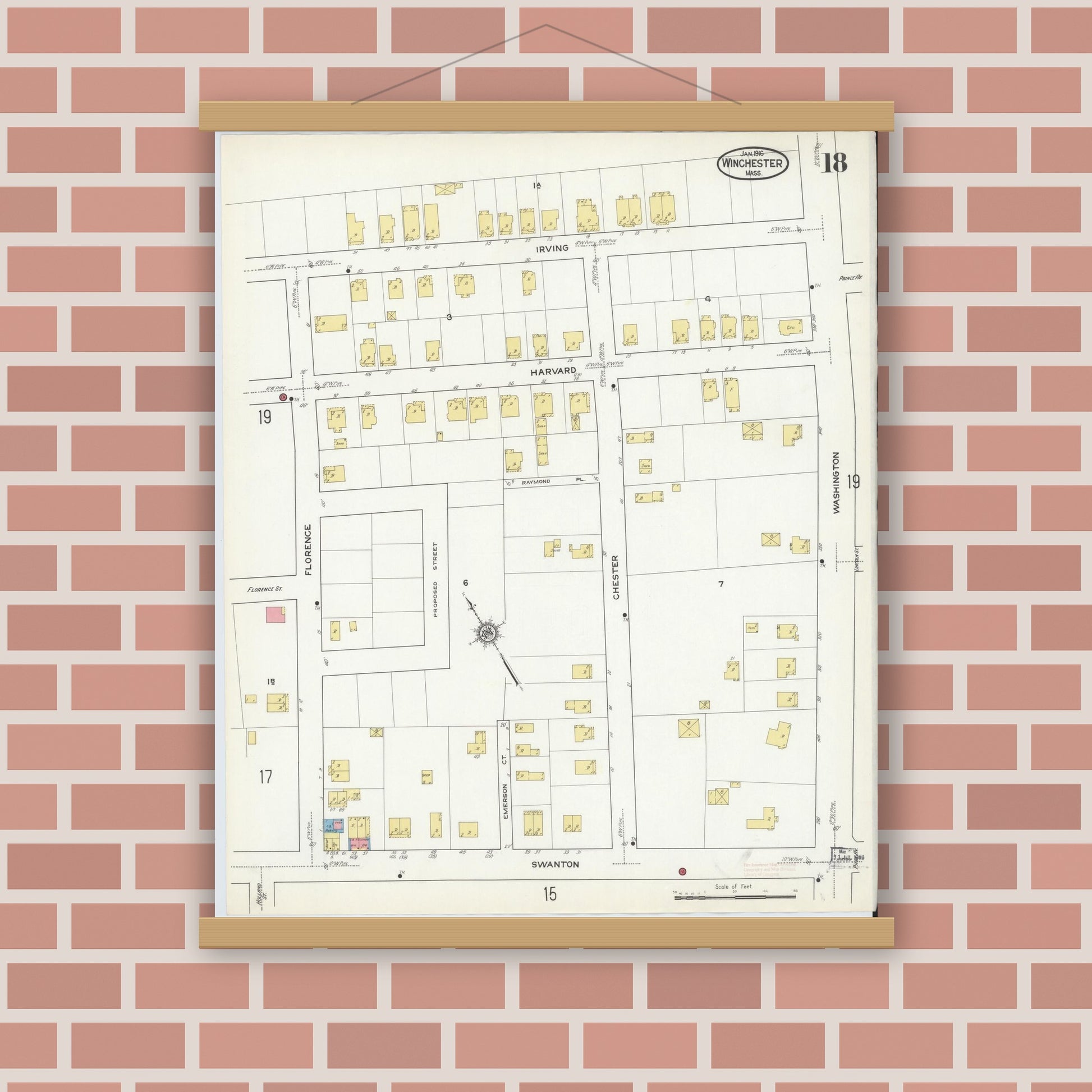 Old map wall art mockup — magnetic wood frame on brick wall — Sanborn Fire Insurance Map from Winchester, Middlesex County, Massachusetts (1916), Sheet #0018