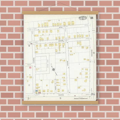 Old map wall art mockup — magnetic wood frame on brick wall — Sanborn Fire Insurance Map from Winchester, Middlesex County, Massachusetts (1916), Sheet #0018