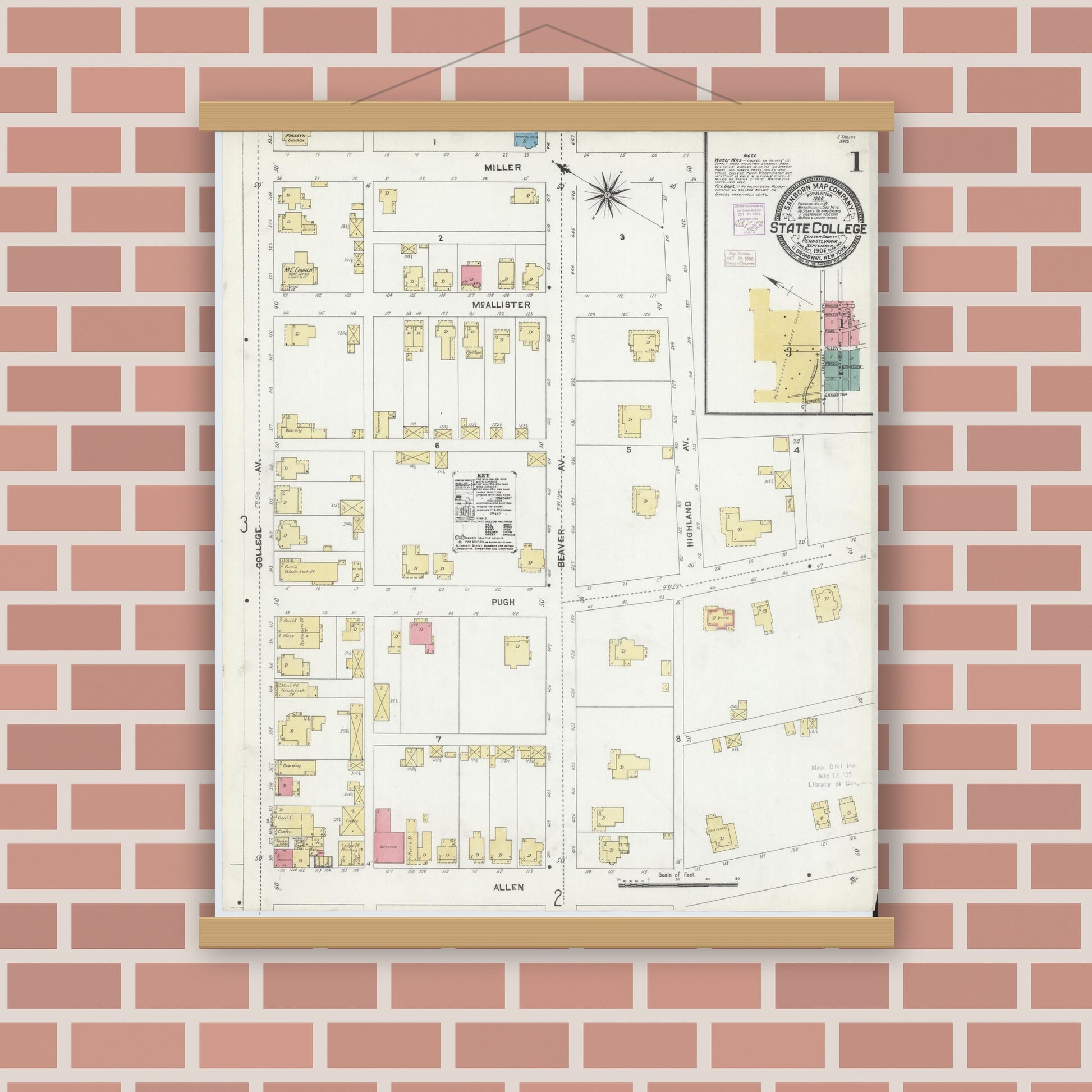 Old map wall art mockup — magnetic wood frame on brick wall — Sanborn Fire Insurance Map from State College, Centre County, Pennsylvania (1906) - Complete Map Set