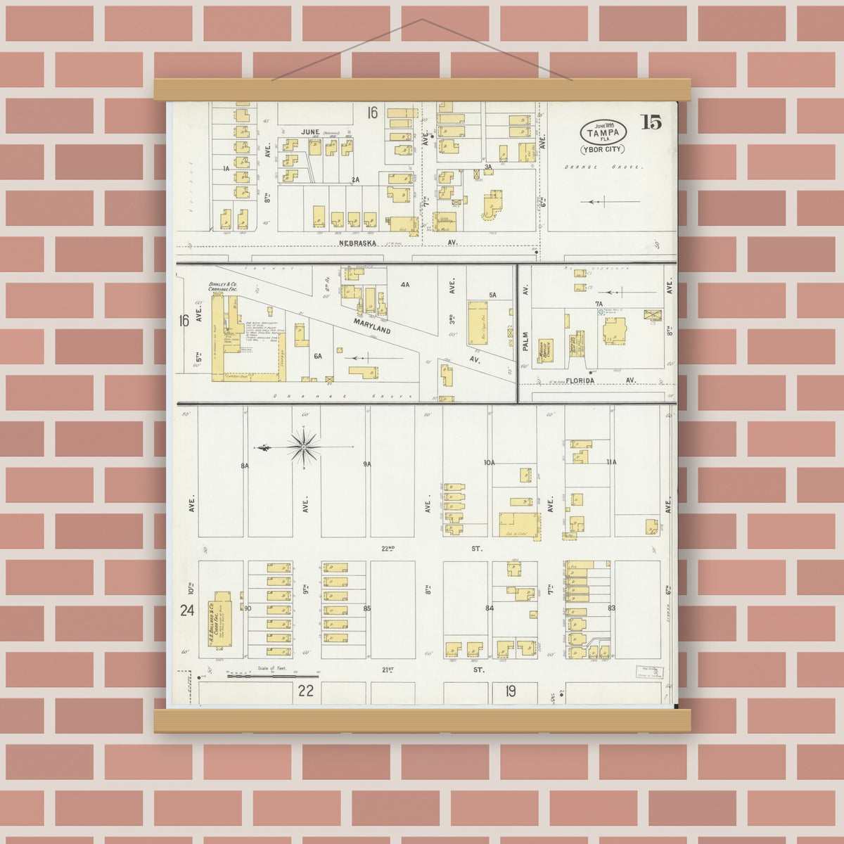 Old map wall art mockup — magnetic wood frame on brick wall — Sanborn Fire Insurance Map from Tampa, Hillsborough County, Florida (1899), Sheet #0015
