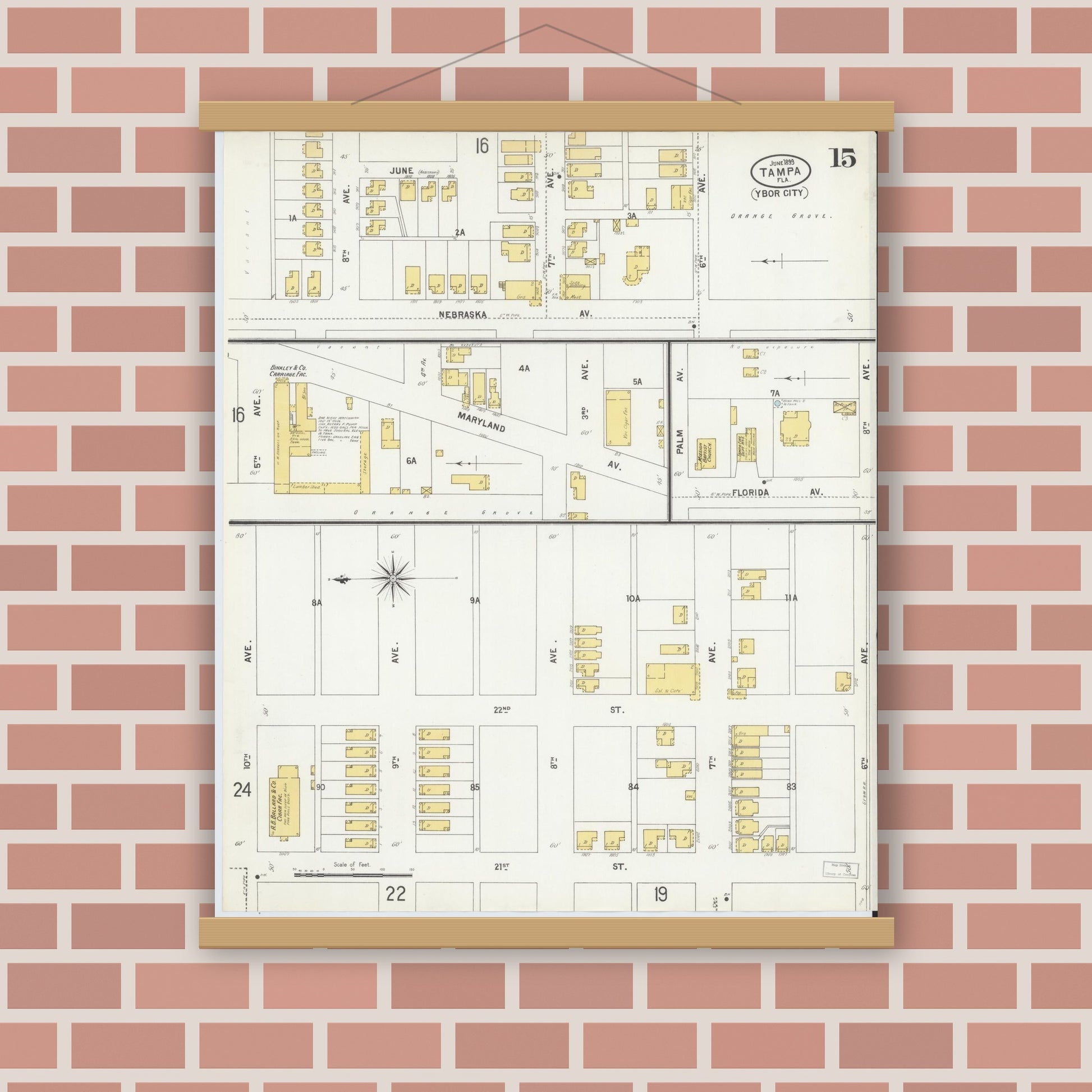 Old map wall art mockup — magnetic wood frame on brick wall — Sanborn Fire Insurance Map from Tampa, Hillsborough County, Florida (1899), Sheet #0015