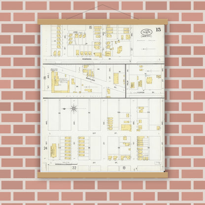 Old map wall art mockup — magnetic wood frame on brick wall — Sanborn Fire Insurance Map from Tampa, Hillsborough County, Florida (1899), Sheet #0015