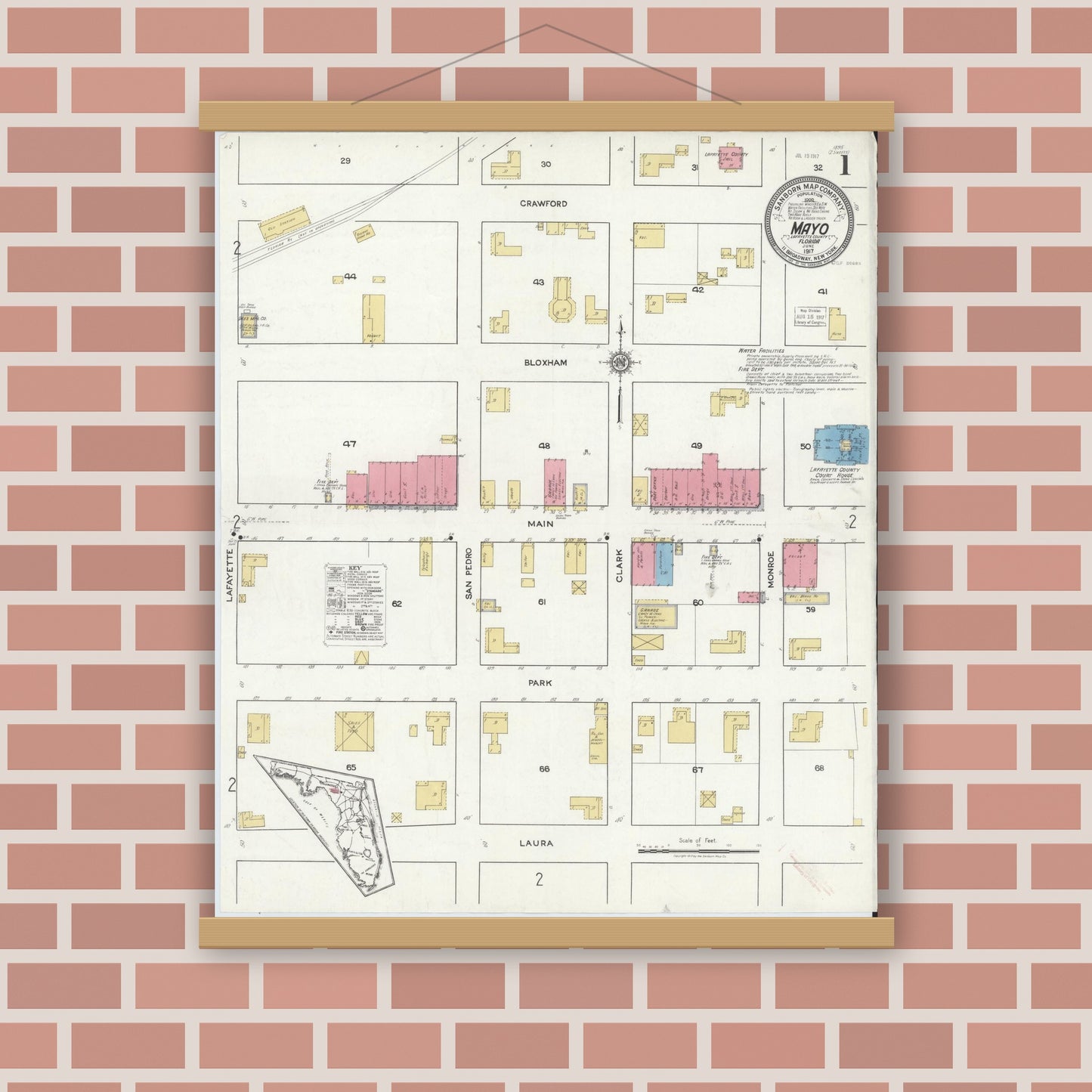 Old map wall art mockup — magnetic wood frame on brick wall — Sanborn Fire Insurance Map from Mayo, Lafayette County, Florida (1917), Sheet #0001
