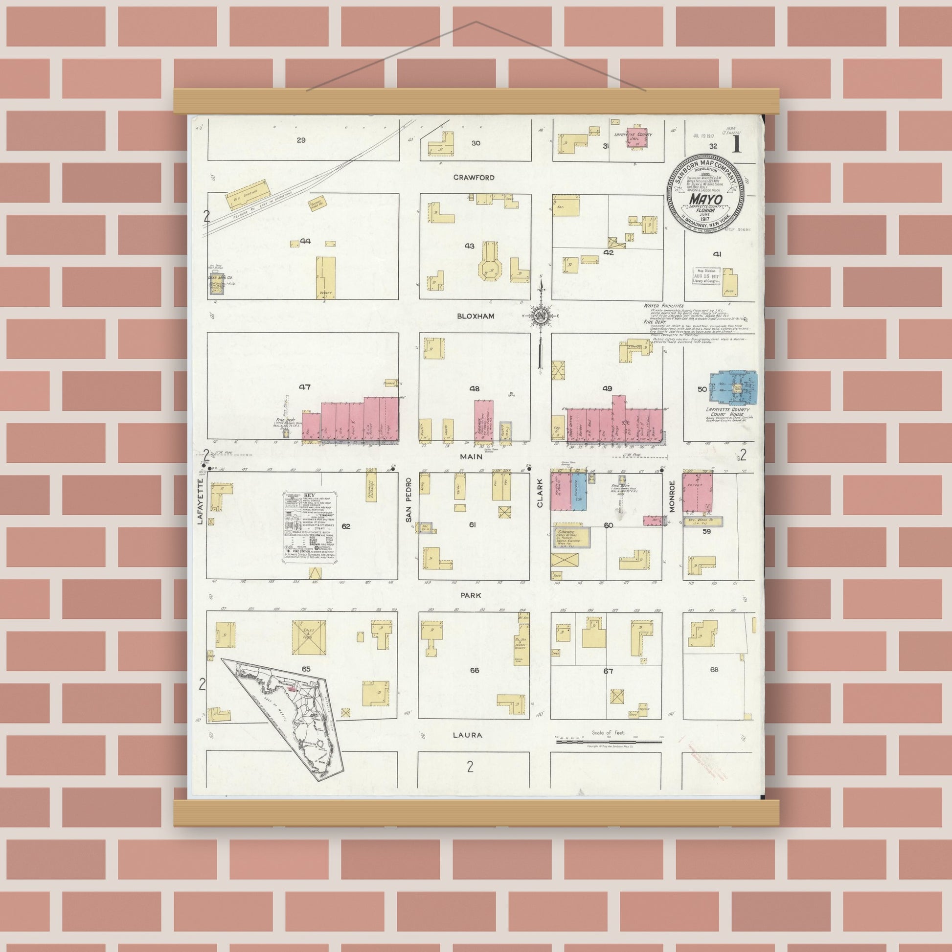 Old map wall art mockup — magnetic wood frame on brick wall — Sanborn Fire Insurance Map from Mayo, Lafayette County, Florida (1917), Sheet #0001