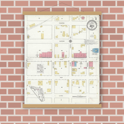 Old map wall art mockup — magnetic wood frame on brick wall — Sanborn Fire Insurance Map from Mayo, Lafayette County, Florida (1917), Sheet #0001