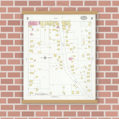 Old map wall art mockup — magnetic wood frame on brick wall — Sanborn Fire Insurance Map from Canfield, Mahoning County, Ohio (1928), Sheet #0002