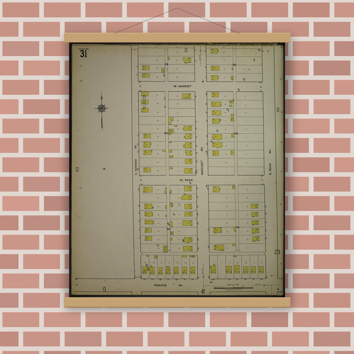 Old map wall art mockup — magnetic wood frame on brick wall — Sanborn Fire Insurance Map from Kenosha, Kenosha County, Wisconsin. (1918), Sheet 35