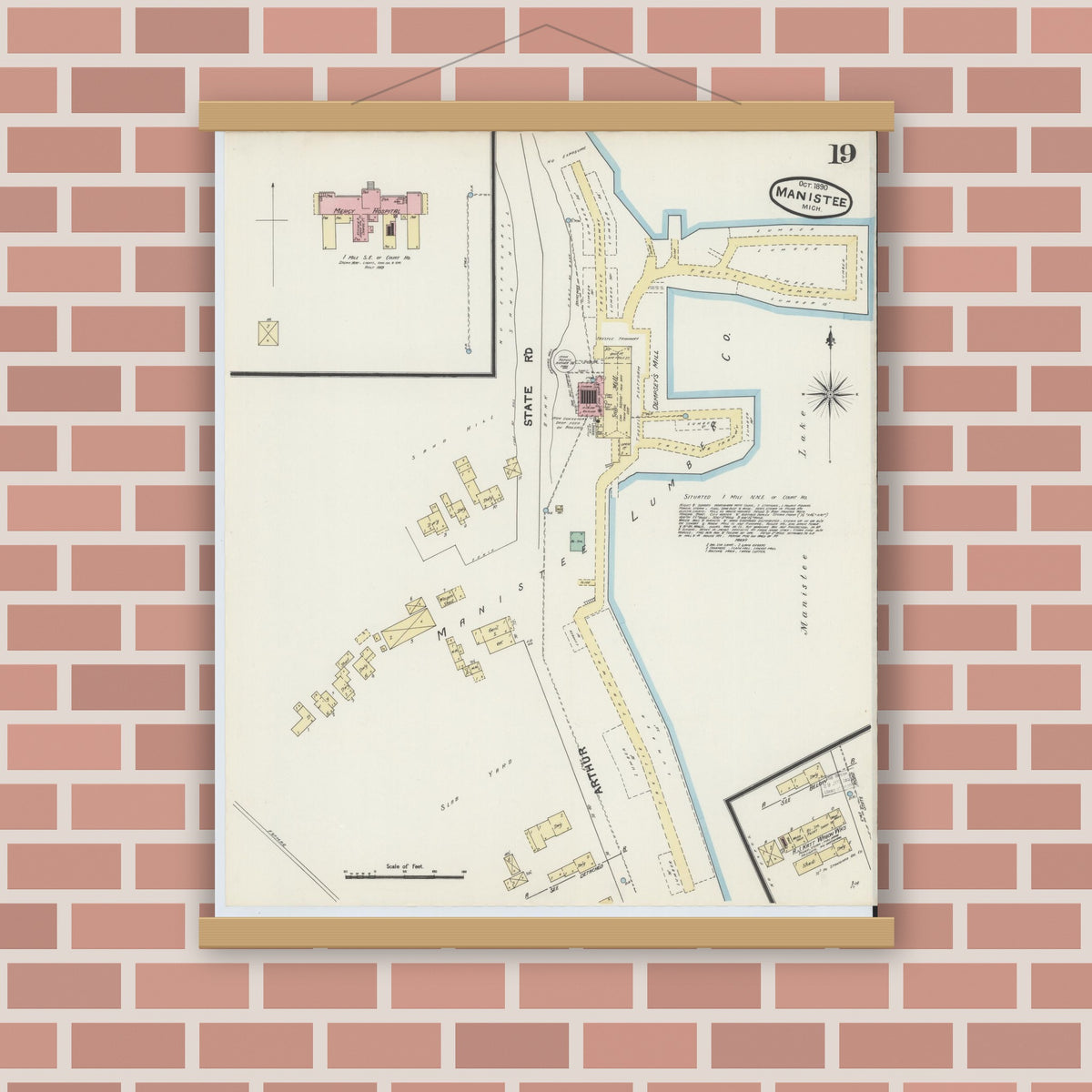 Old map wall art mockup — magnetic wood frame on brick wall — Sanborn Fire Insurance Map from Manistee, Manistee County, Michigan (1890), Sheet #0019