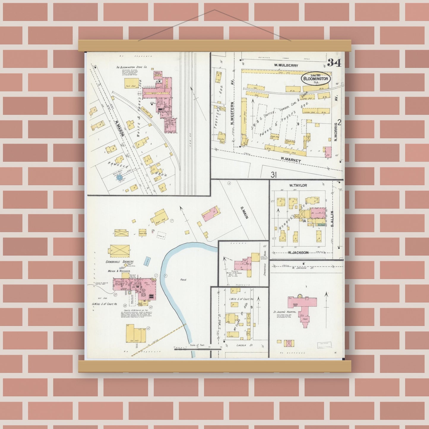 Old map wall art mockup — magnetic wood frame on brick wall — Sanborn Fire Insurance Map from Bloomington, McLean County, Illinois (1901), Sheet #0034