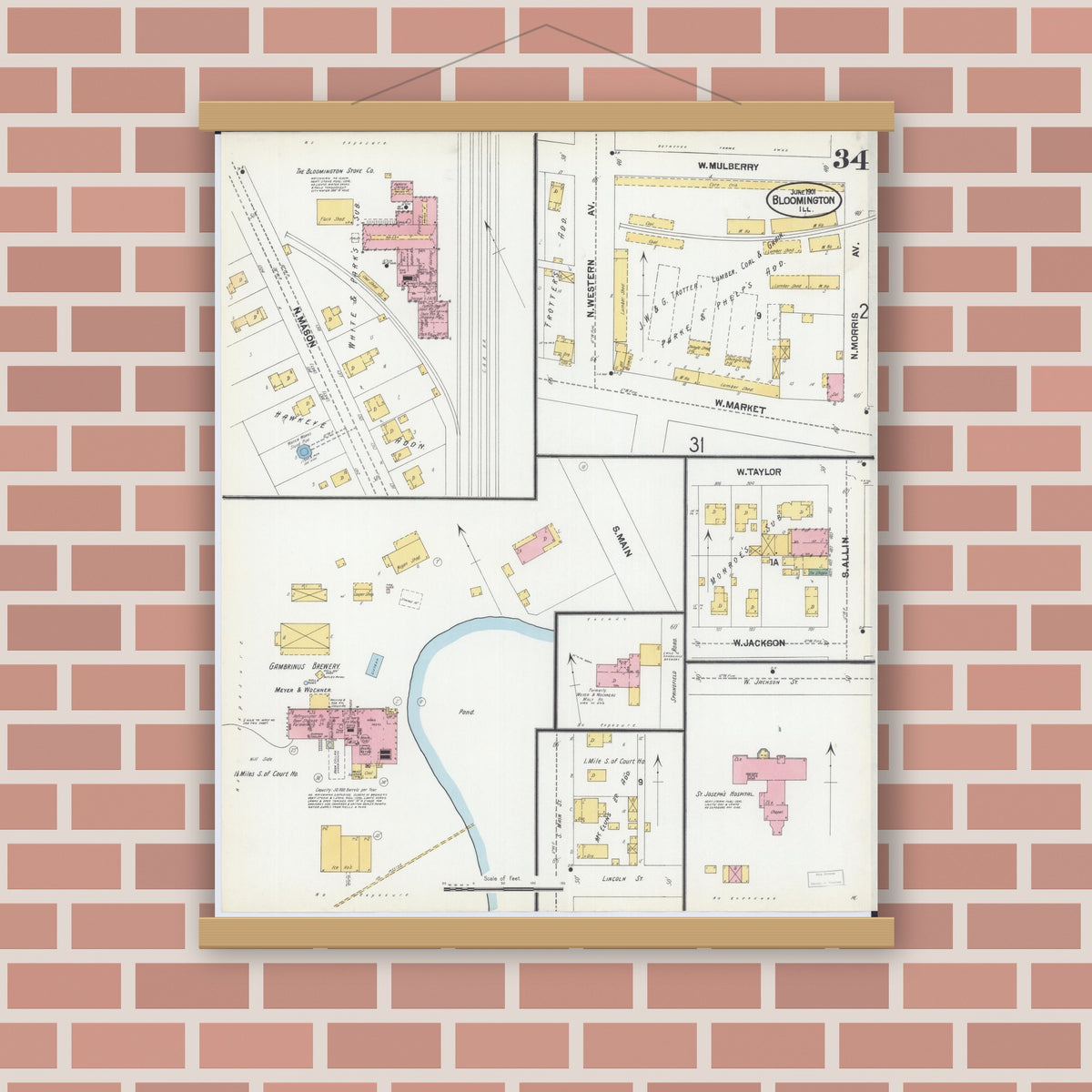 Old map wall art mockup — magnetic wood frame on brick wall — Sanborn Fire Insurance Map from Bloomington, McLean County, Illinois (1901), Sheet #0034