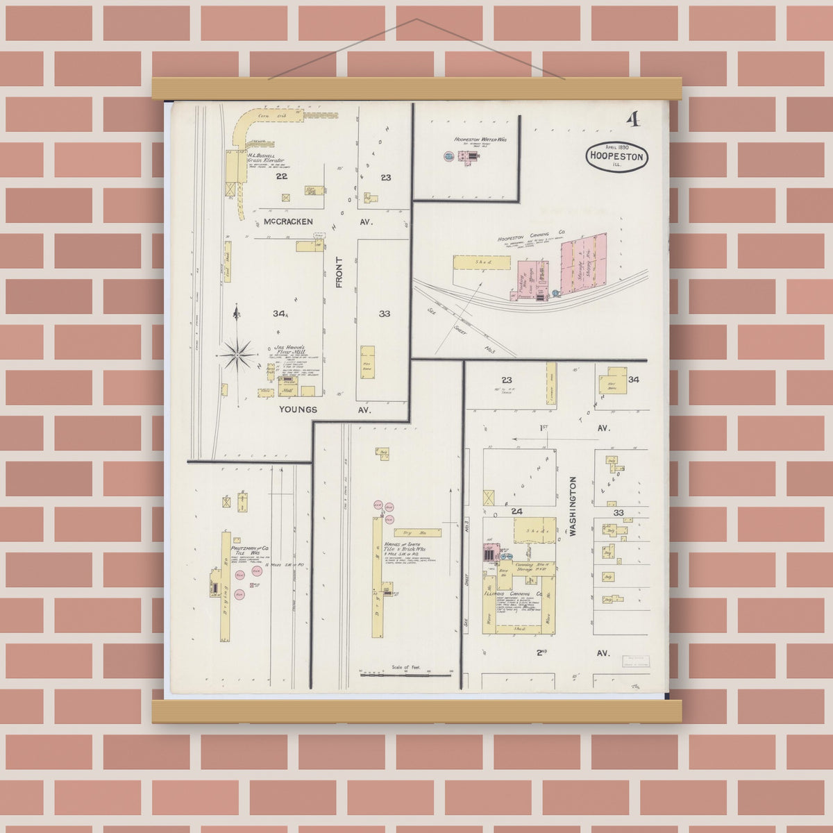 Old map wall art mockup — magnetic wood frame on brick wall — Sanborn Fire Insurance Map from Hoopeston, Vermilion County, Illinois (1890), Sheet #0004