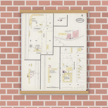 Old map wall art mockup — magnetic wood frame on brick wall — Sanborn Fire Insurance Map from Hoopeston, Vermilion County, Illinois (1890), Sheet #0004