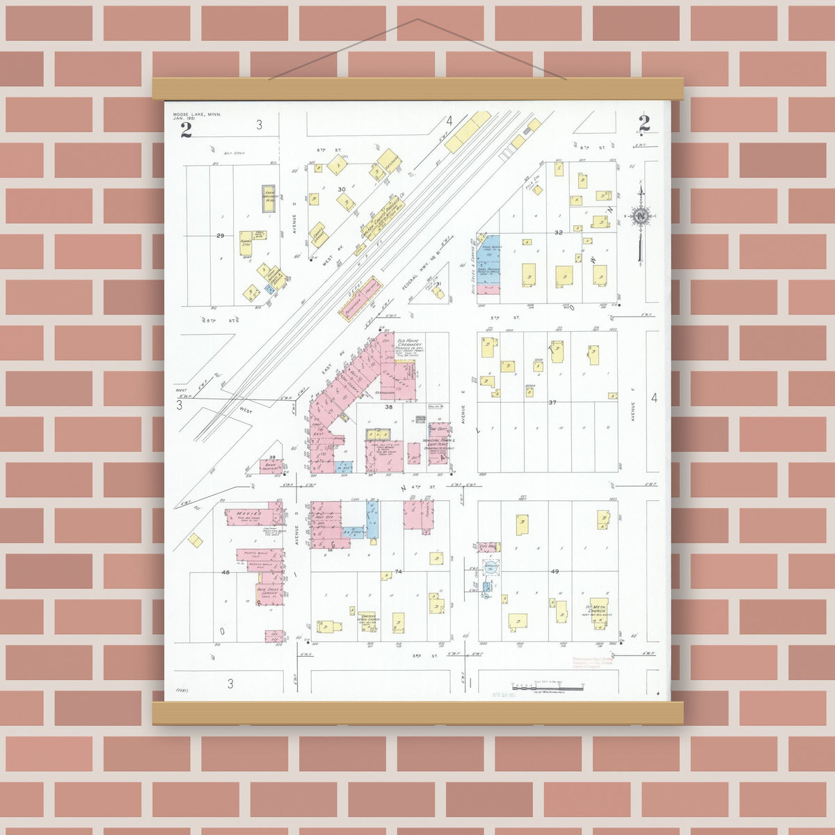 Old map wall art mockup — magnetic wood frame on brick wall — Sanborn Fire Insurance Map from Moose Lake, Carlton County, Minnesota (1951), Sheet #0002