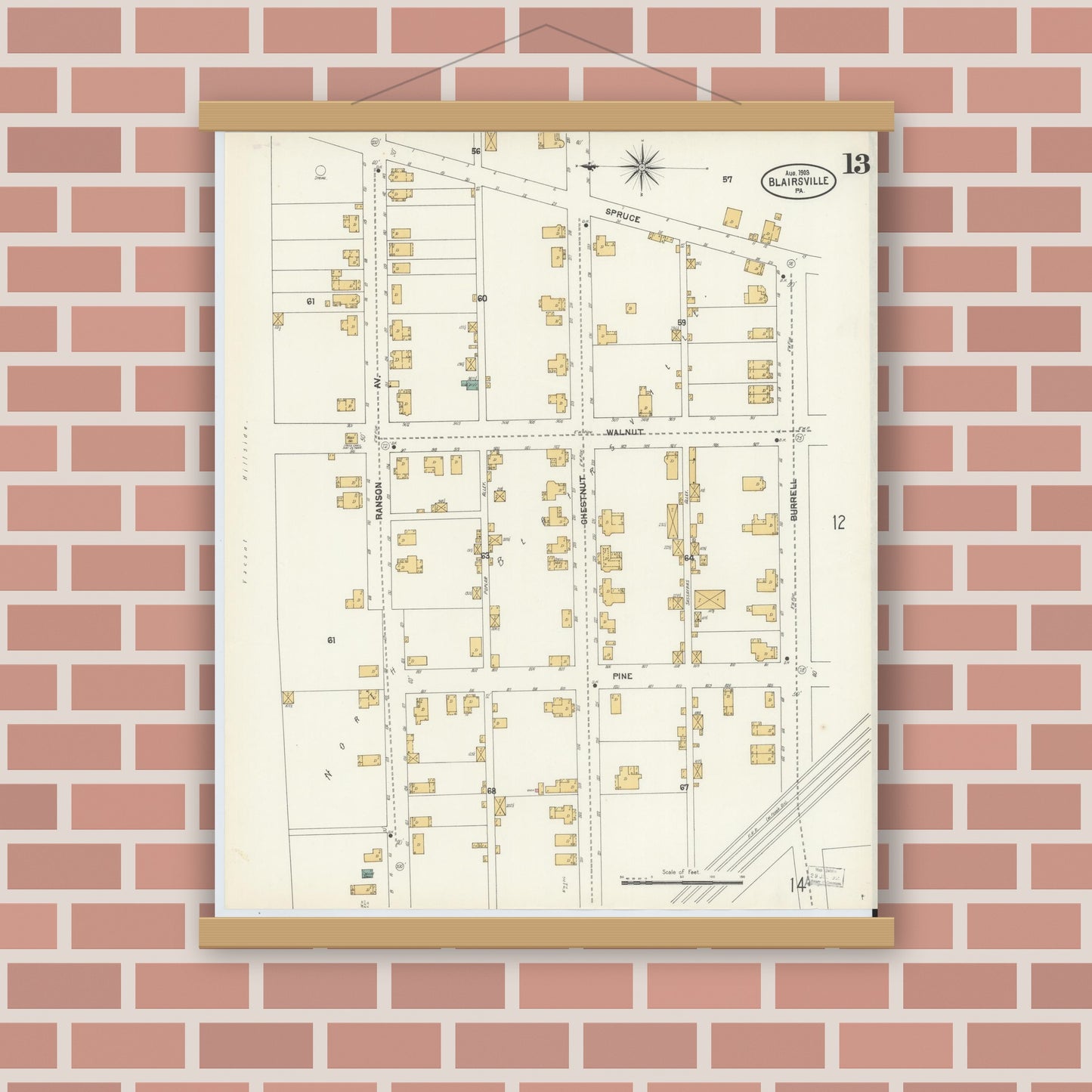 Old map wall art mockup — magnetic wood frame on brick wall — Sanborn Fire Insurance Map from Blairsville, Indiana County, Pennsylvania (1903), Sheet #0013