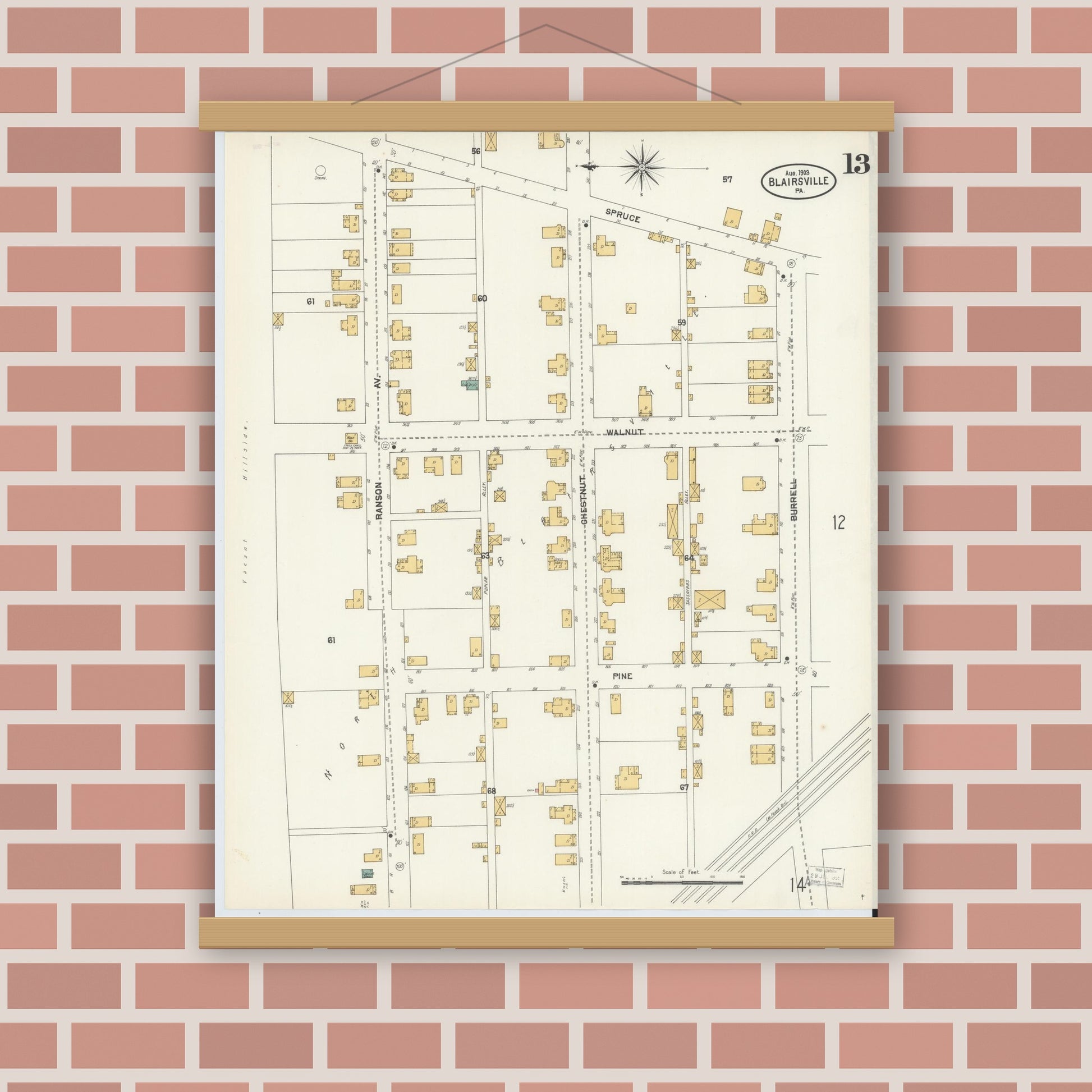 Old map wall art mockup — magnetic wood frame on brick wall — Sanborn Fire Insurance Map from Blairsville, Indiana County, Pennsylvania (1903), Sheet #0013