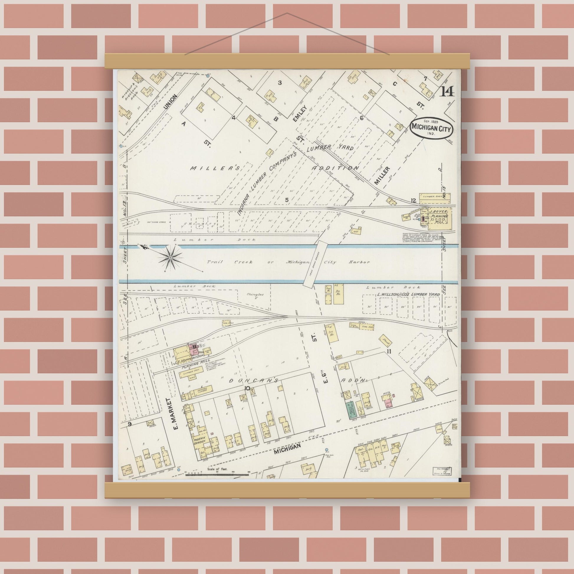 Old map wall art mockup — magnetic wood frame on brick wall — Sanborn Fire Insurance Map from Michigan City, La Porte County, Indiana (1889), Sheet #0014