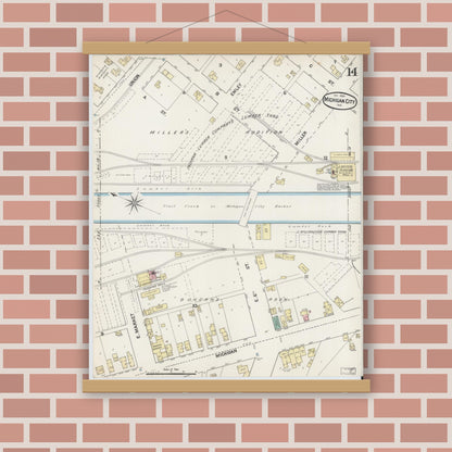 Old map wall art mockup — magnetic wood frame on brick wall — Sanborn Fire Insurance Map from Michigan City, La Porte County, Indiana (1889), Sheet #0014