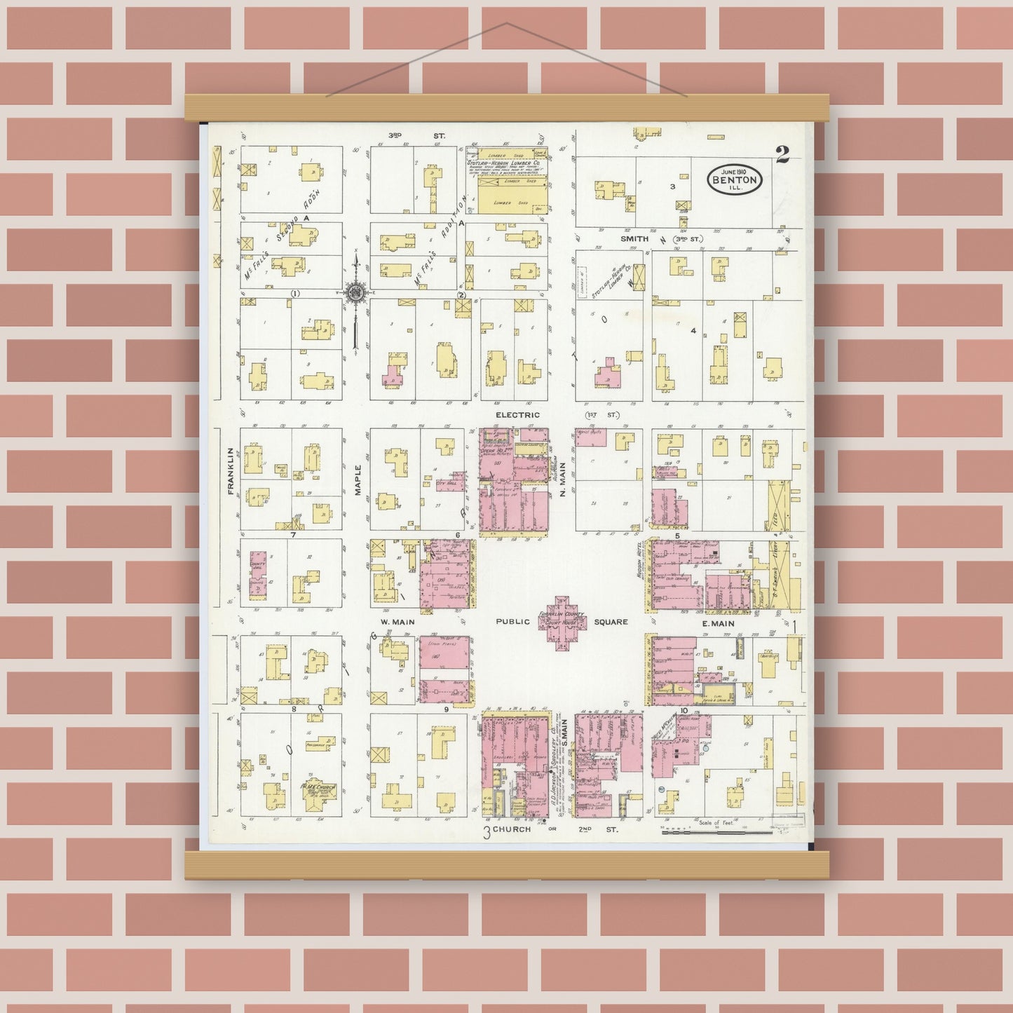 Old map wall art mockup — magnetic wood frame on brick wall — Sanborn Fire Insurance Map from Benton, Franklin County, Illinois (1910), Sheet #0002