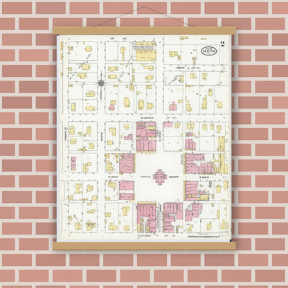 Old map wall art mockup — magnetic wood frame on brick wall — Sanborn Fire Insurance Map from Benton, Franklin County, Illinois (1910), Sheet #0002