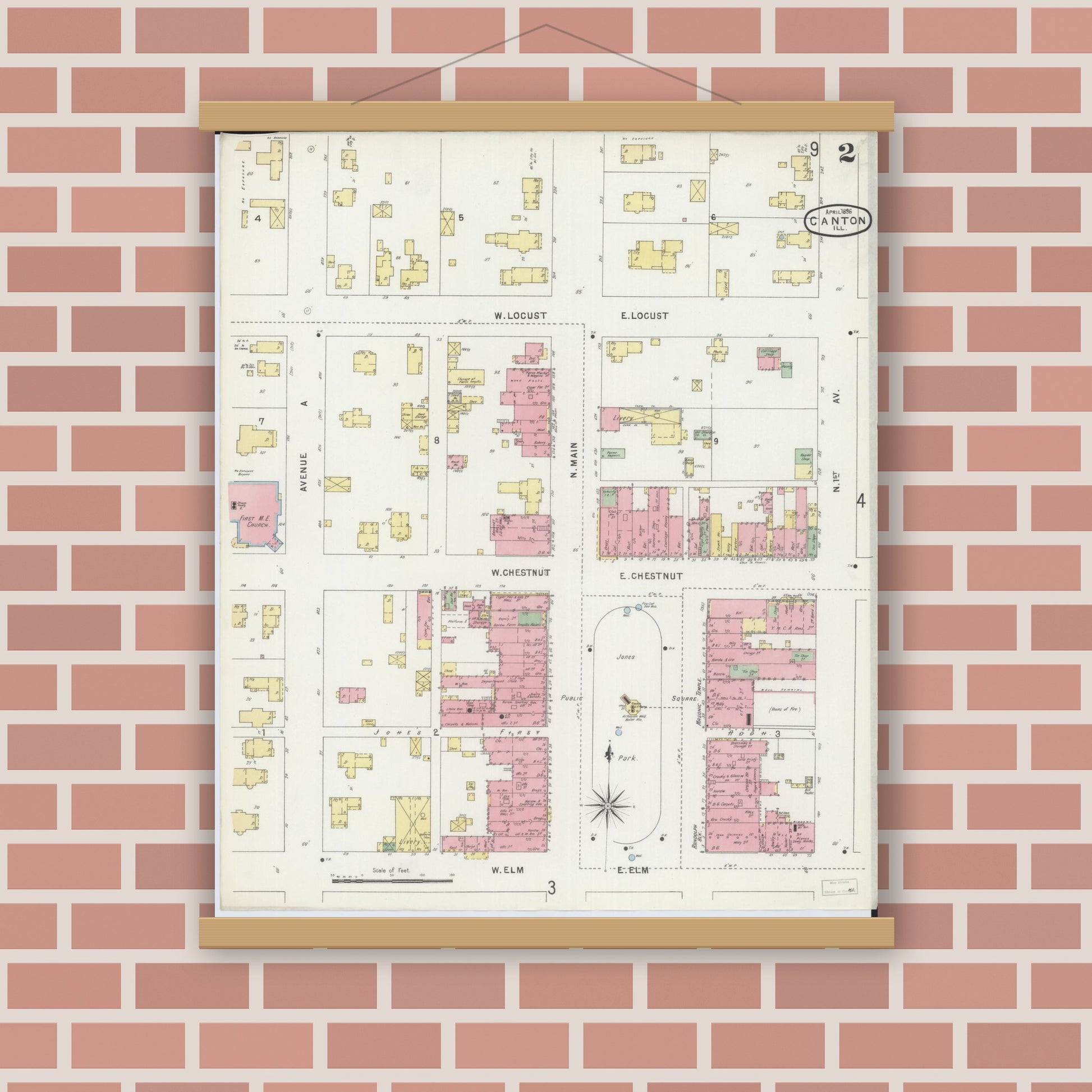 Old map wall art mockup — magnetic wood frame on brick wall — Sanborn Fire Insurance Map from Canton, Fulton County, Illinois (1896), Sheet #0002
