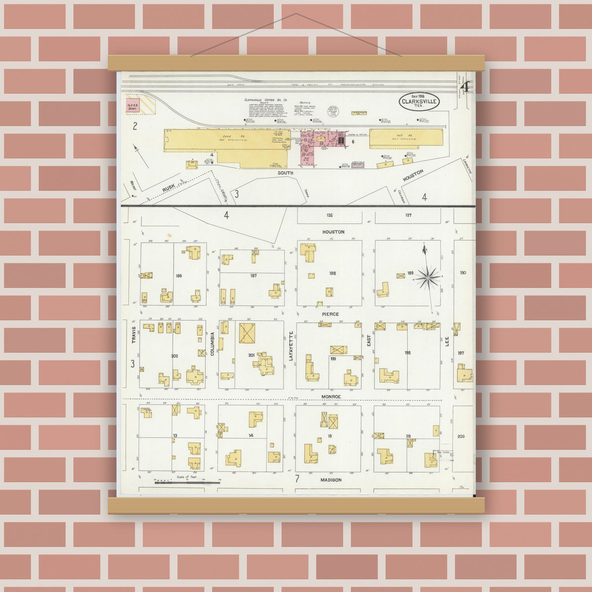Old map wall art mockup — magnetic wood frame on brick wall — Sanborn Fire Insurance Map from Clarksville, Red River County, Texas (1906), Sheet #0004