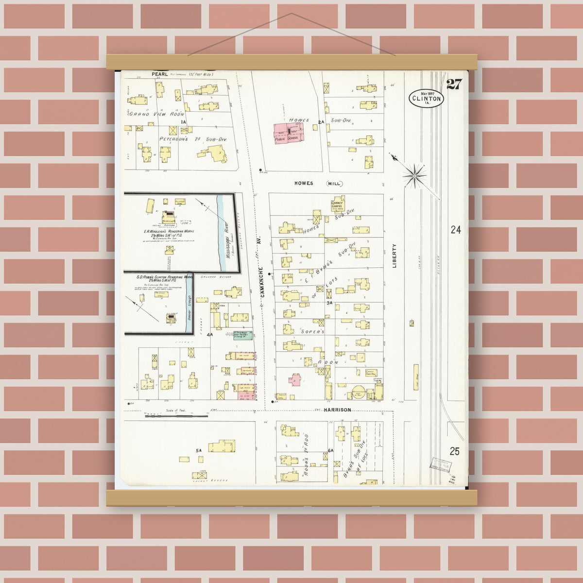 Old map wall art mockup — magnetic wood frame on brick wall — Sanborn Fire Insurance Map from Clinton, Clinton County, Iowa (1897), Sheet #0027