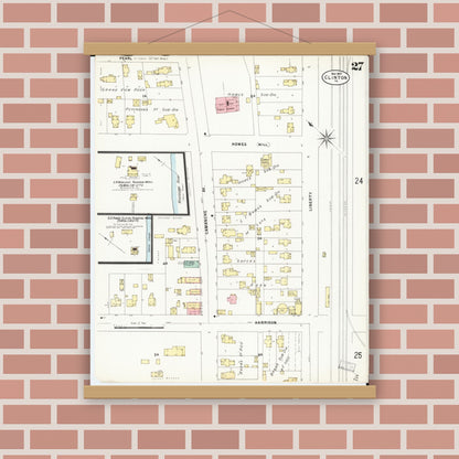Old map wall art mockup — magnetic wood frame on brick wall — Sanborn Fire Insurance Map from Clinton, Clinton County, Iowa (1897), Sheet #0027